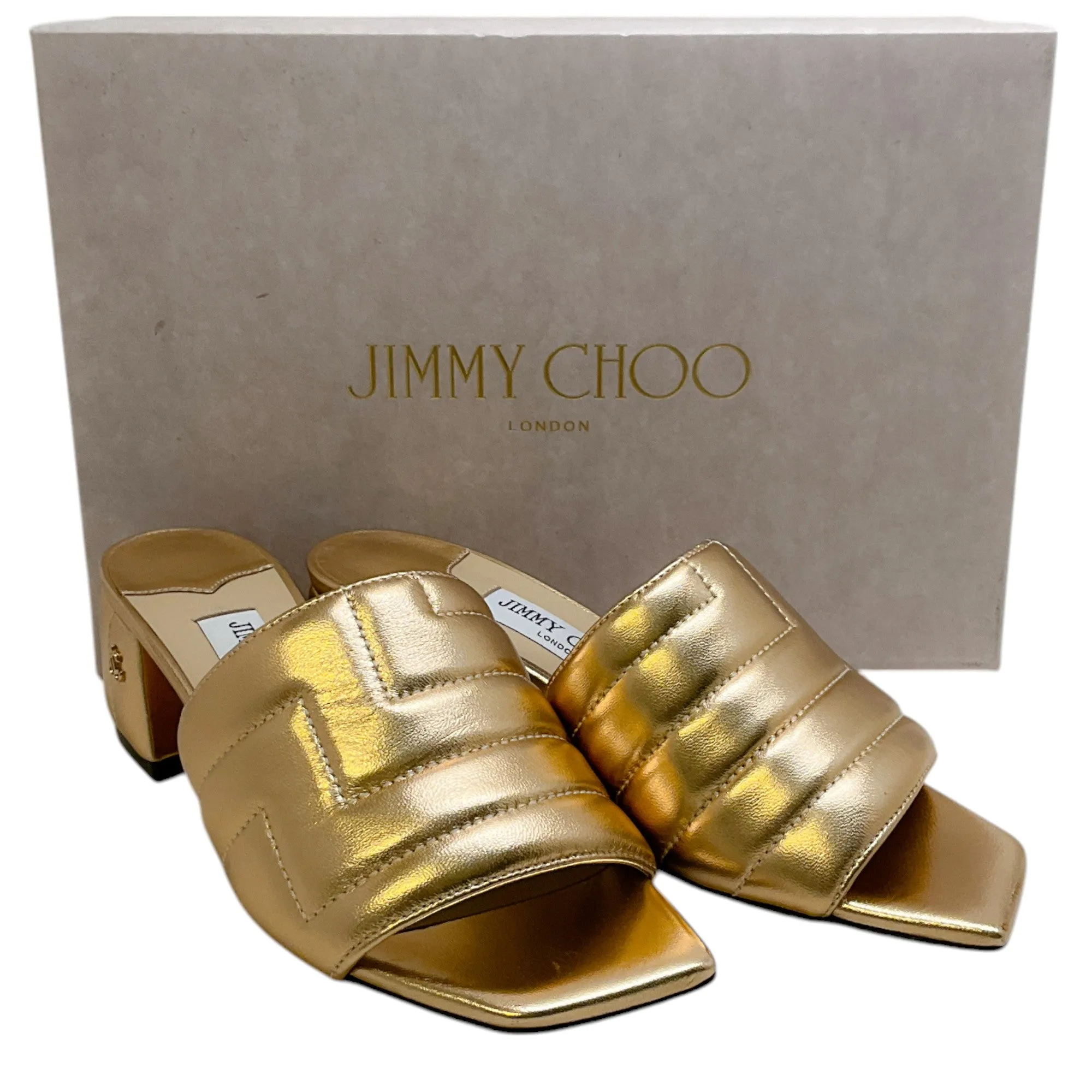Jimmy Choo Gold Quilted Leather Themis Slide Sandals