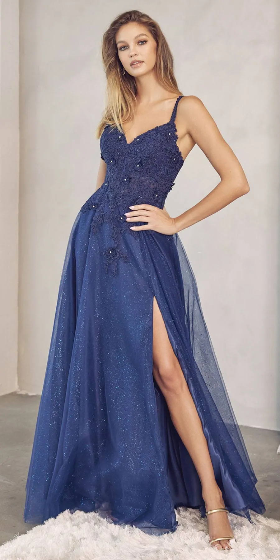 Juliet 283 3D Flowers Embroidered Tulle Glitter Skirt High Slit