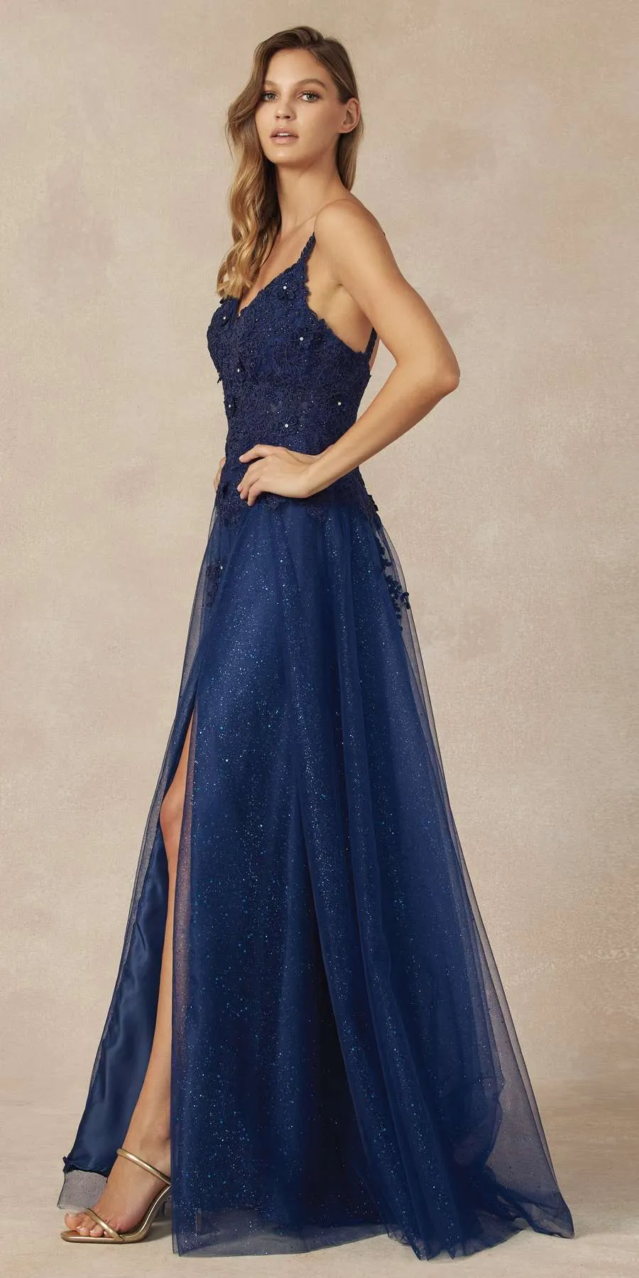 Juliet 283 3D Flowers Embroidered Tulle Glitter Skirt High Slit