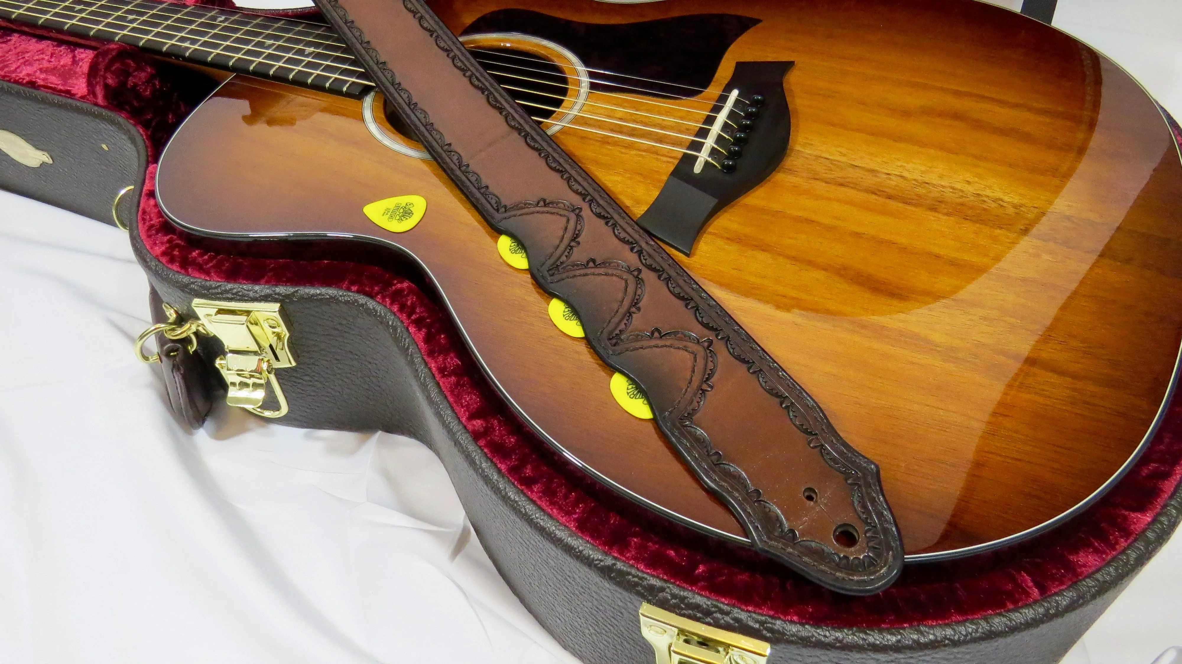 Leather Guitar Strap, Tooled Border Stamp, Pick Holders, 2" wide