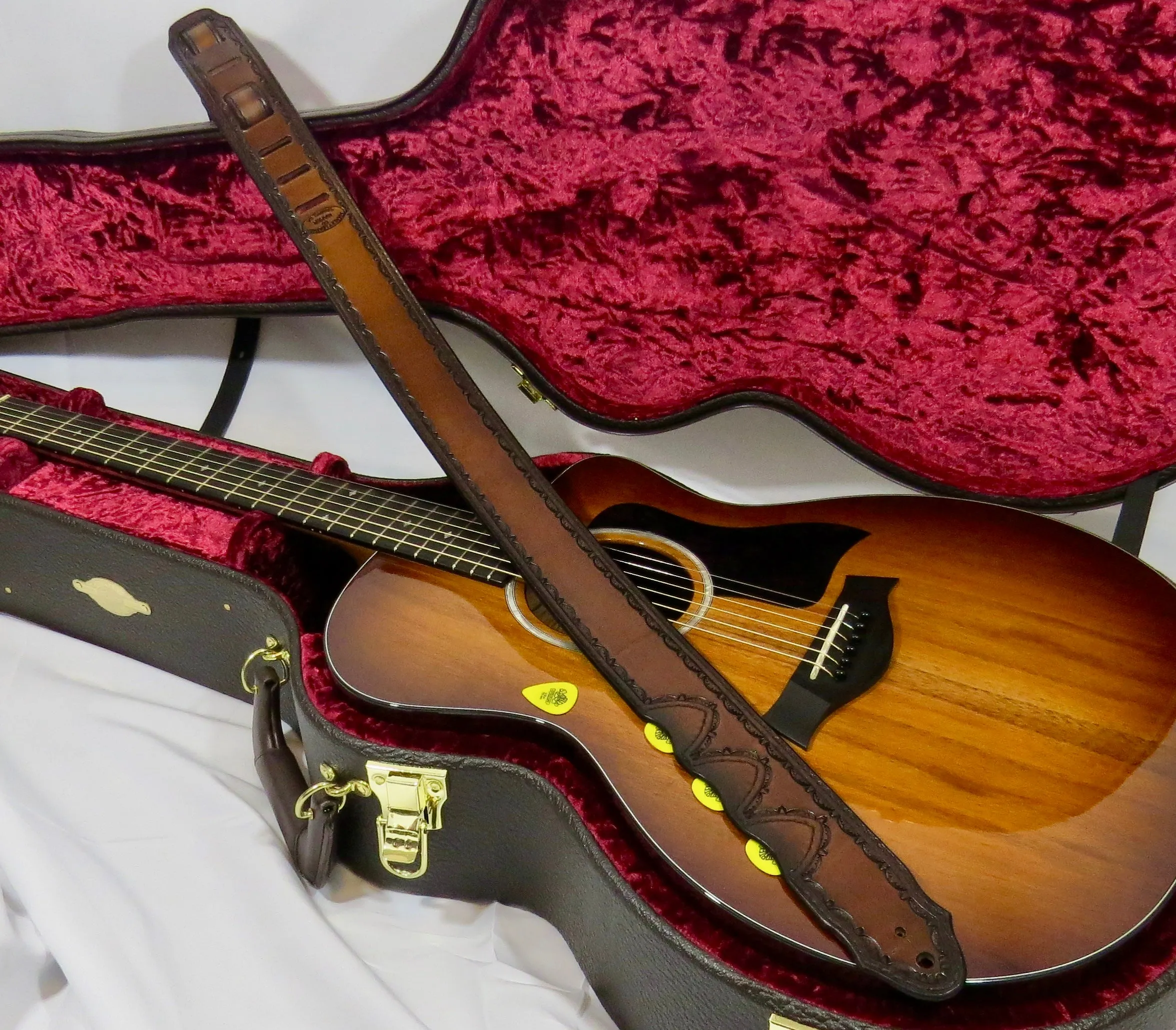 Leather Guitar Strap, Tooled Border Stamp, Pick Holders, 2" wide