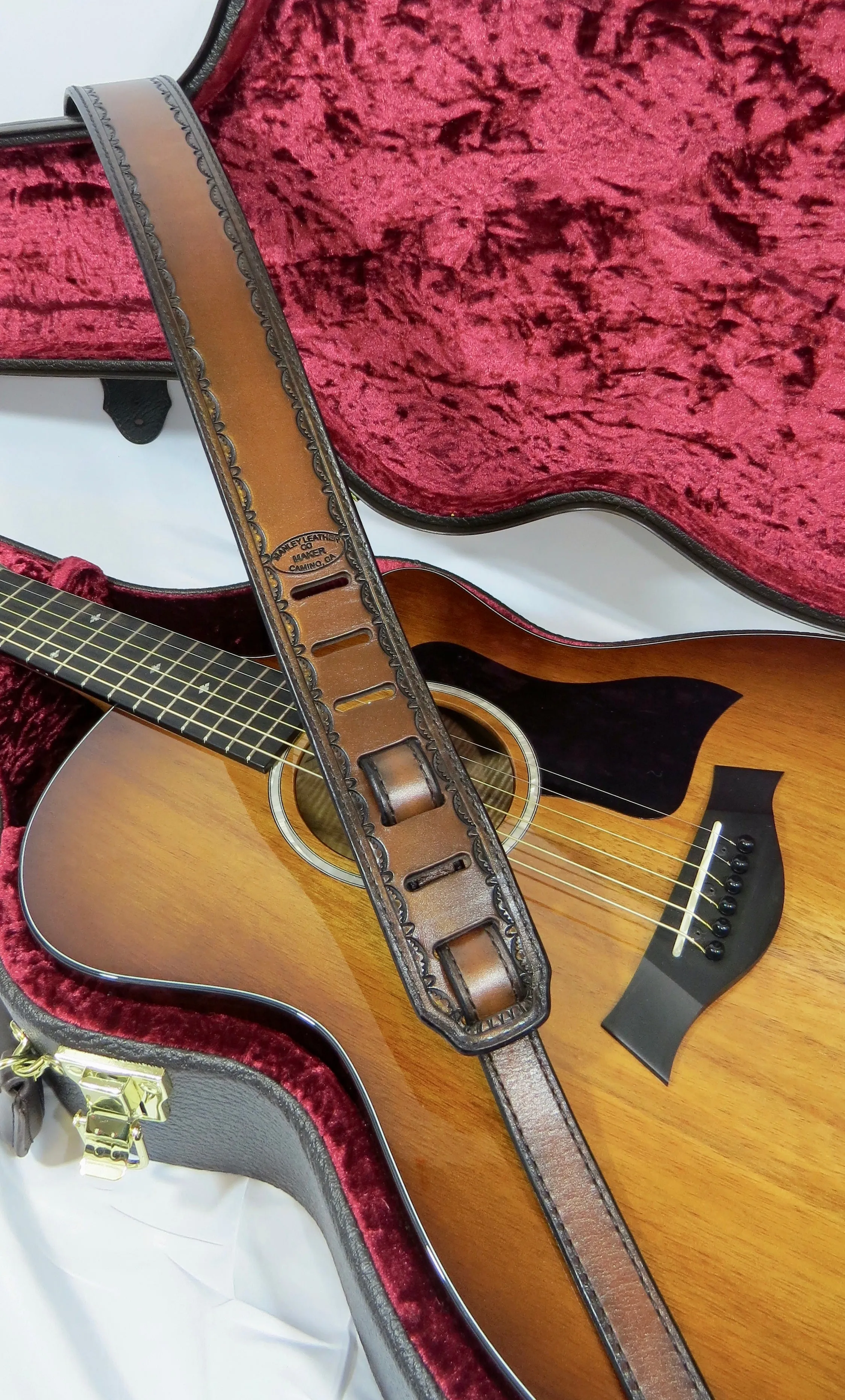Leather Guitar Strap, Tooled Border Stamp, Pick Holders, 2" wide