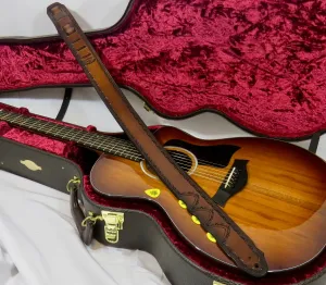 Leather Guitar Strap, Tooled Border Stamp, Pick Holders, 2" wide