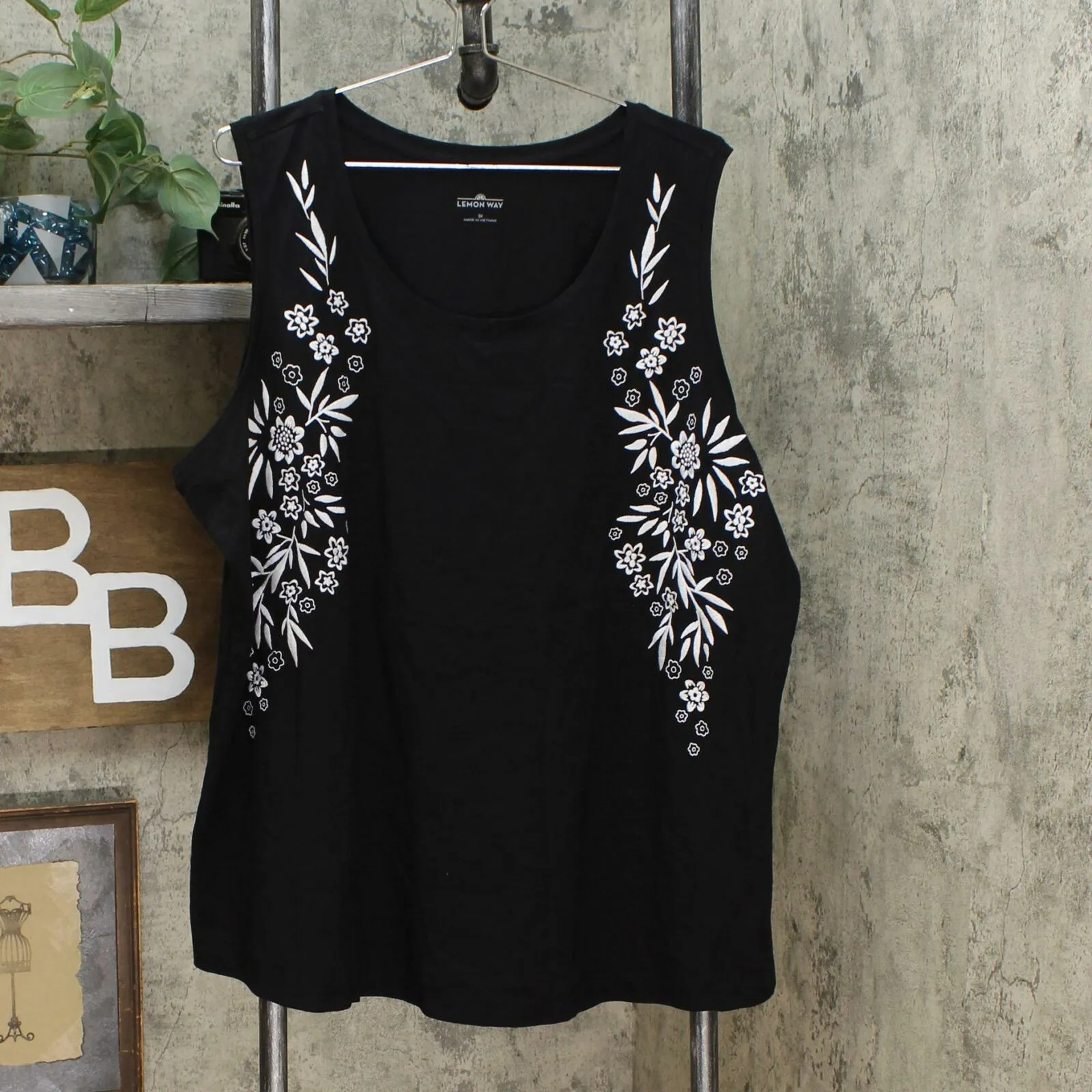 Lemon Way Women's Plus Slub Knit Embroidered Scoop Neck Tank Top Black 3X