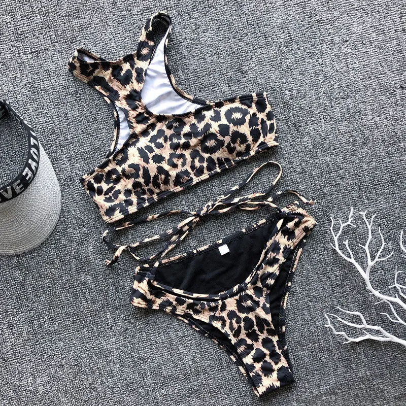 Leopard Print Bikini Swimwear Strappy Swimsuit