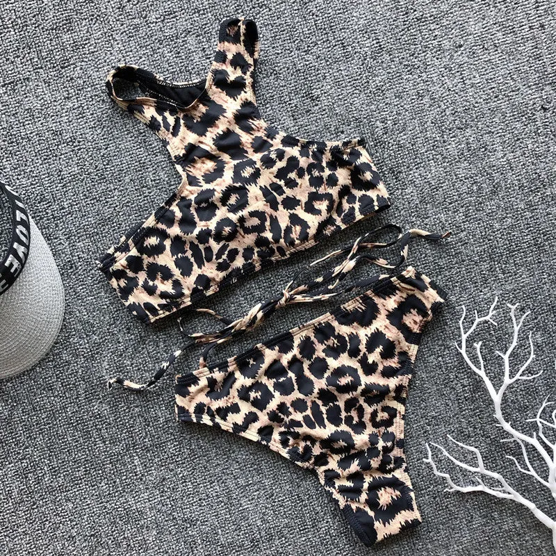 Leopard Print Bikini Swimwear Strappy Swimsuit