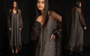 Limited Edition Rockefeller Holidays Silk Organza maxi dress hand embroidered bead sequins with cotton checks slip camisole