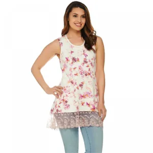 LOGO by Lori Goldstein Women's Lace Hem Tunic Tank Top With Ribbed Neckline