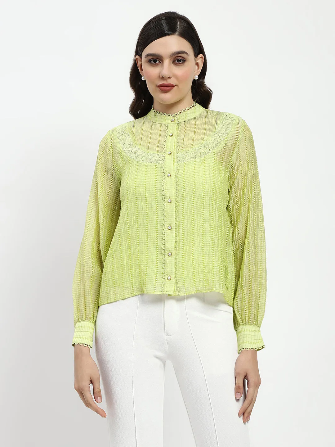Madame Bridgerton Embroidered Lacework Green Tencel Shirt