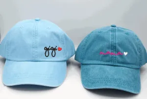 Mama, Gigi, Nana, gaga Baseball Cap Handwriting Script Custom Name and heart color