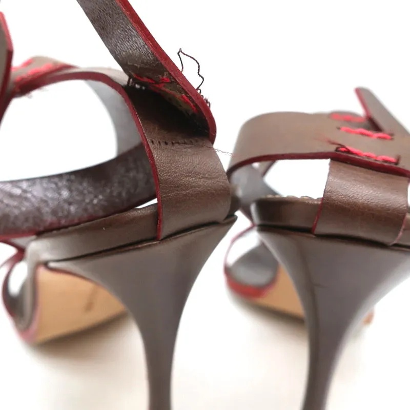 Manolo Blahnik Double Ankle Strap Sandals Dark Brown Leather Size 38.5
