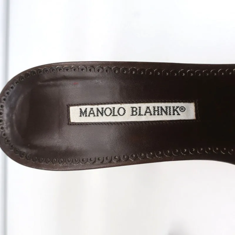 Manolo Blahnik Double Ankle Strap Sandals Dark Brown Leather Size 38.5