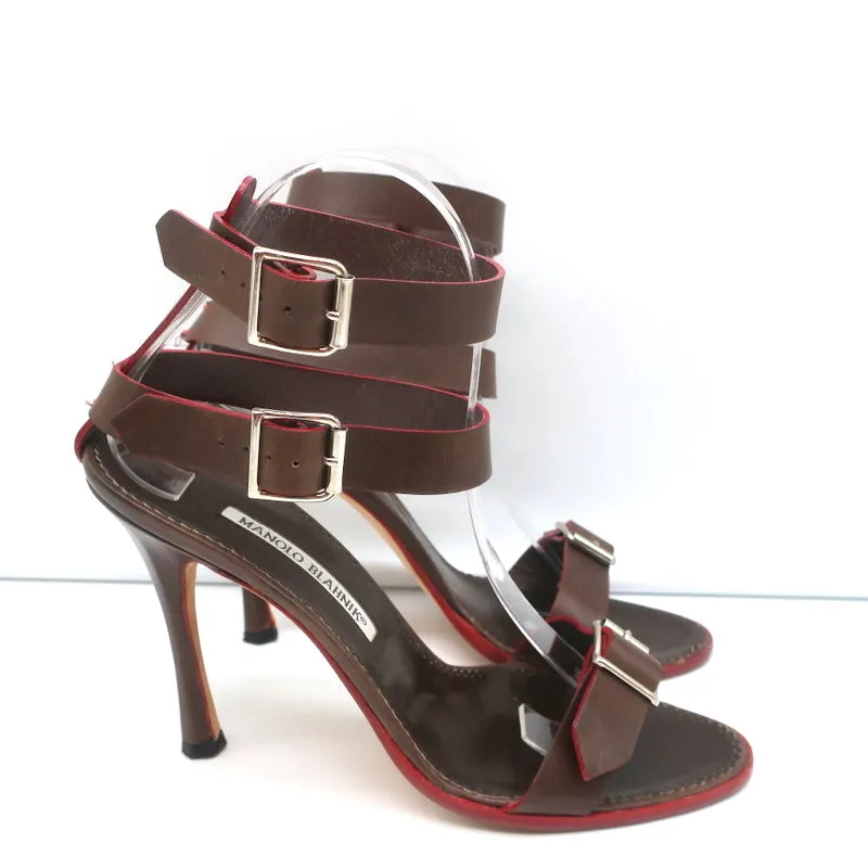 Manolo Blahnik Double Ankle Strap Sandals Dark Brown Leather Size 38.5