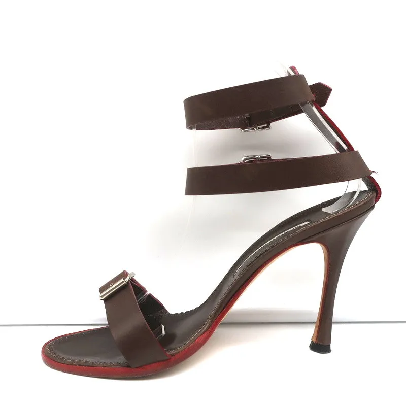 Manolo Blahnik Double Ankle Strap Sandals Dark Brown Leather Size 38.5