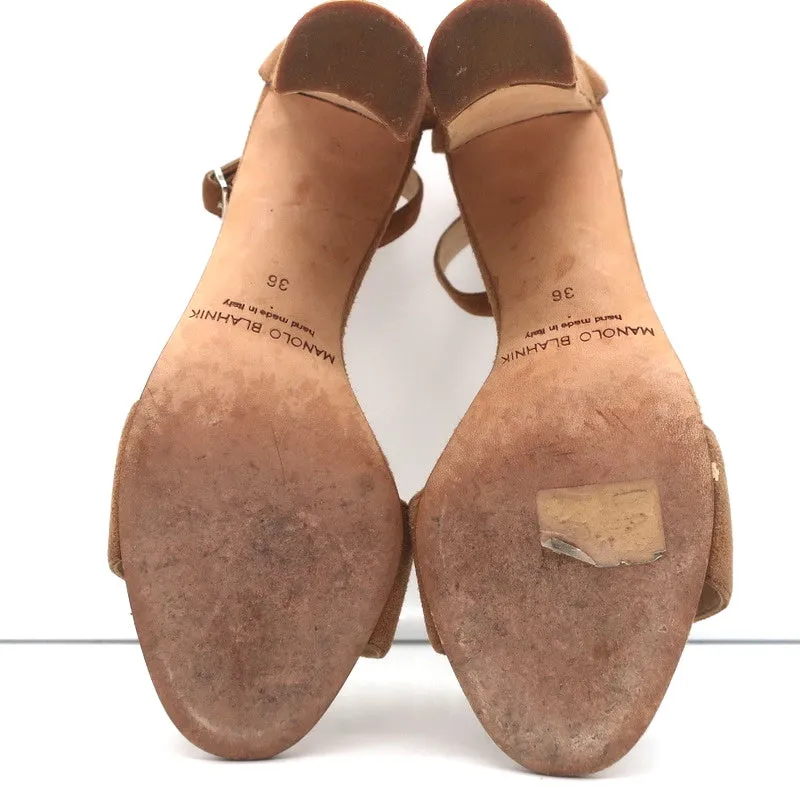 Manolo Blahnik Lauratop Sandals Brown Suede Size 36 Ankle Strap Heels