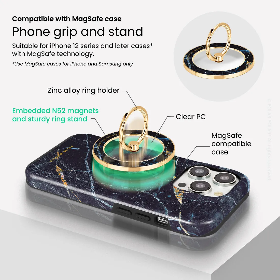 Midnight Marble - Golden MagSafe Phone Grip and Ring Holder Stand