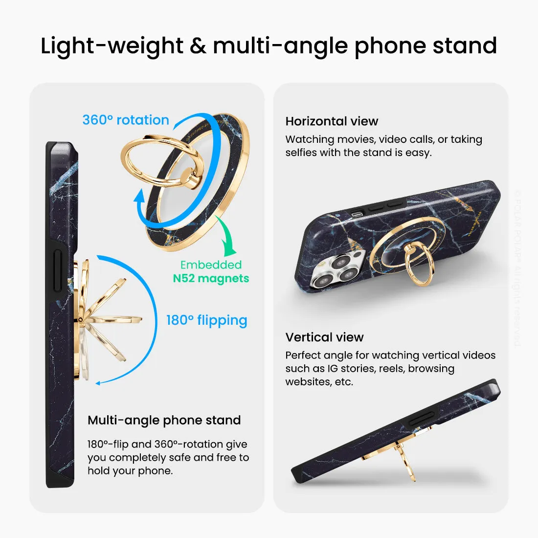 Midnight Marble - Golden MagSafe Phone Grip and Ring Holder Stand