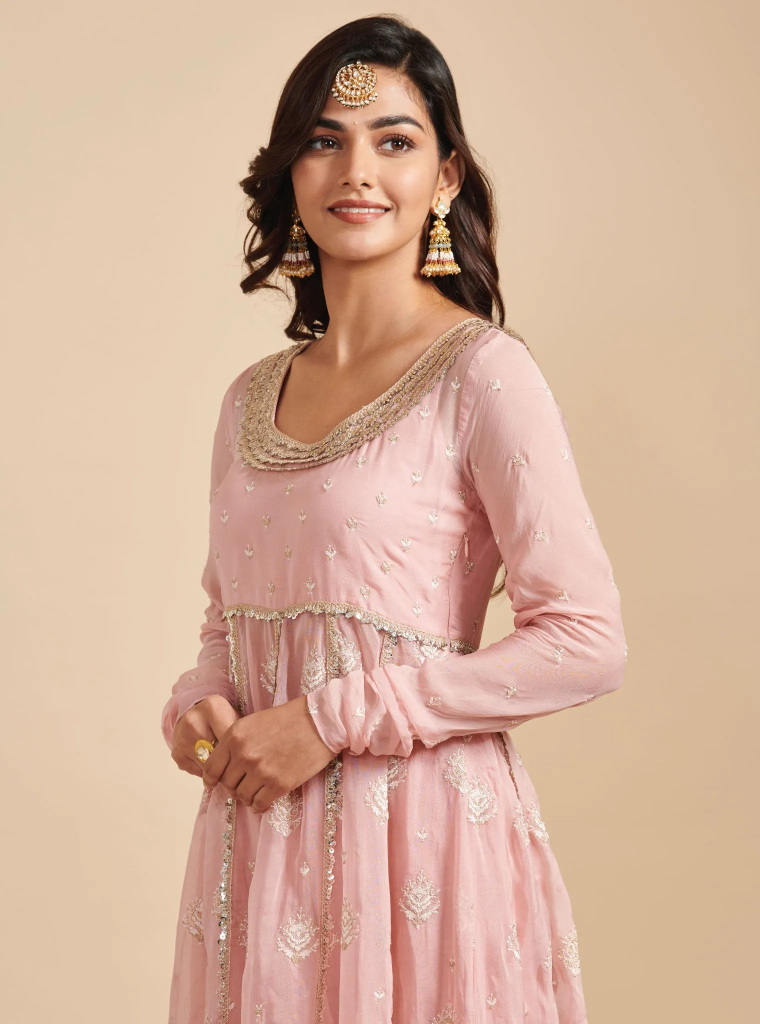 Mulmul Organza Gulabo Pink Anarkali Kurta With Mulmul Cupro Gulabo Pink pant