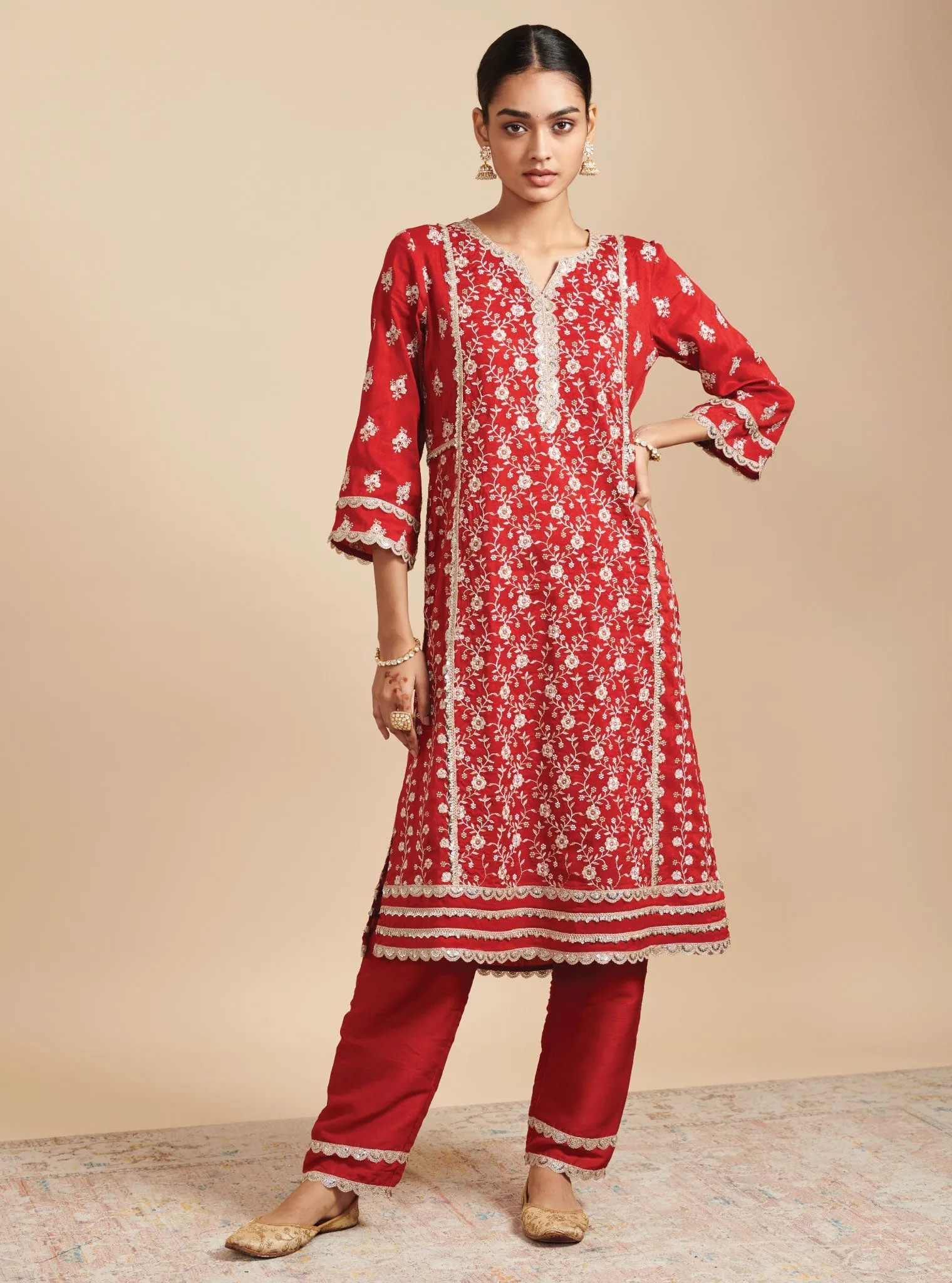 Mulmul Silk Kaashni Red Kurta With Mulmul Silk Kaashni Red Pant