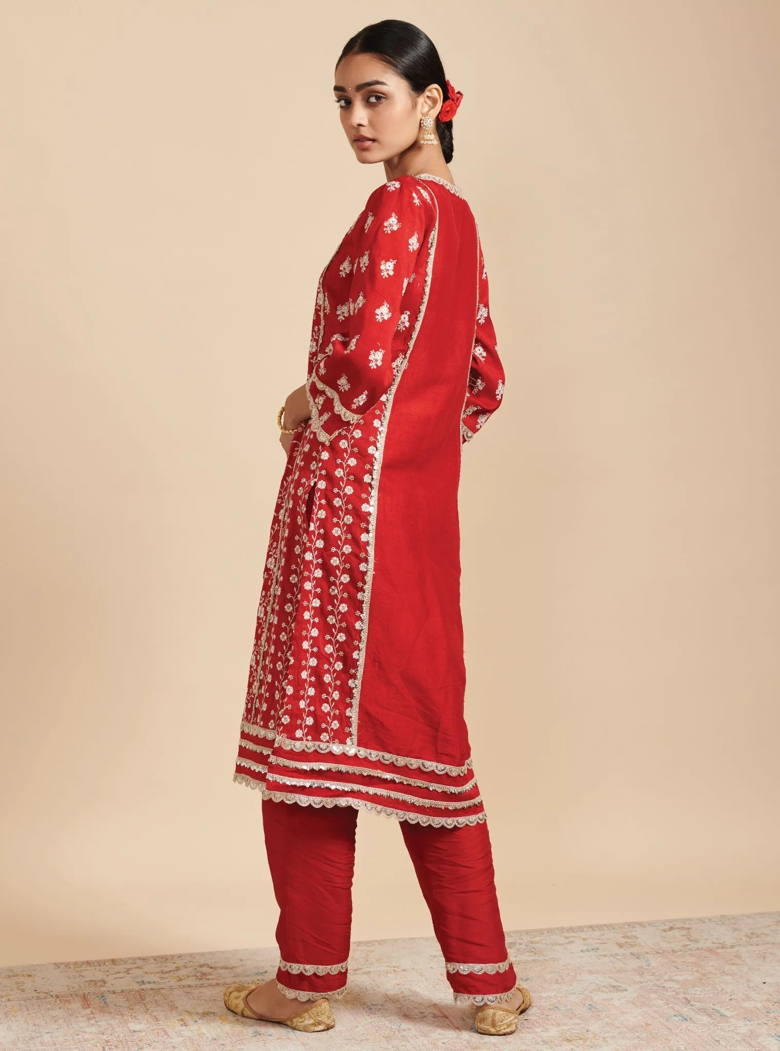Mulmul Silk Kaashni Red Kurta With Mulmul Silk Kaashni Red Pant