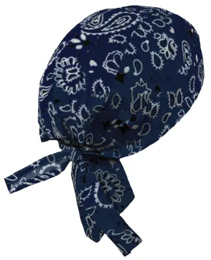 Navy Blue Bandana Head Wrap | Paisley Doo Rag with White and Black Western | Motorcycle Skull Cap