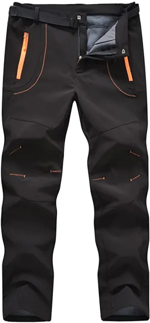 New YSENTO Men's Winter Warm Fleece Lined Ski Snow Pants Quick Dry Waterproof Windproof Hiking Mountain Pants in grey with yellow zips & brown belt, Sz XL
