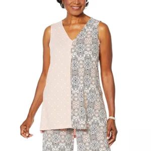 Nina Leonard Women's Plus Size Twin Print Sleeveless Tunic Blouse