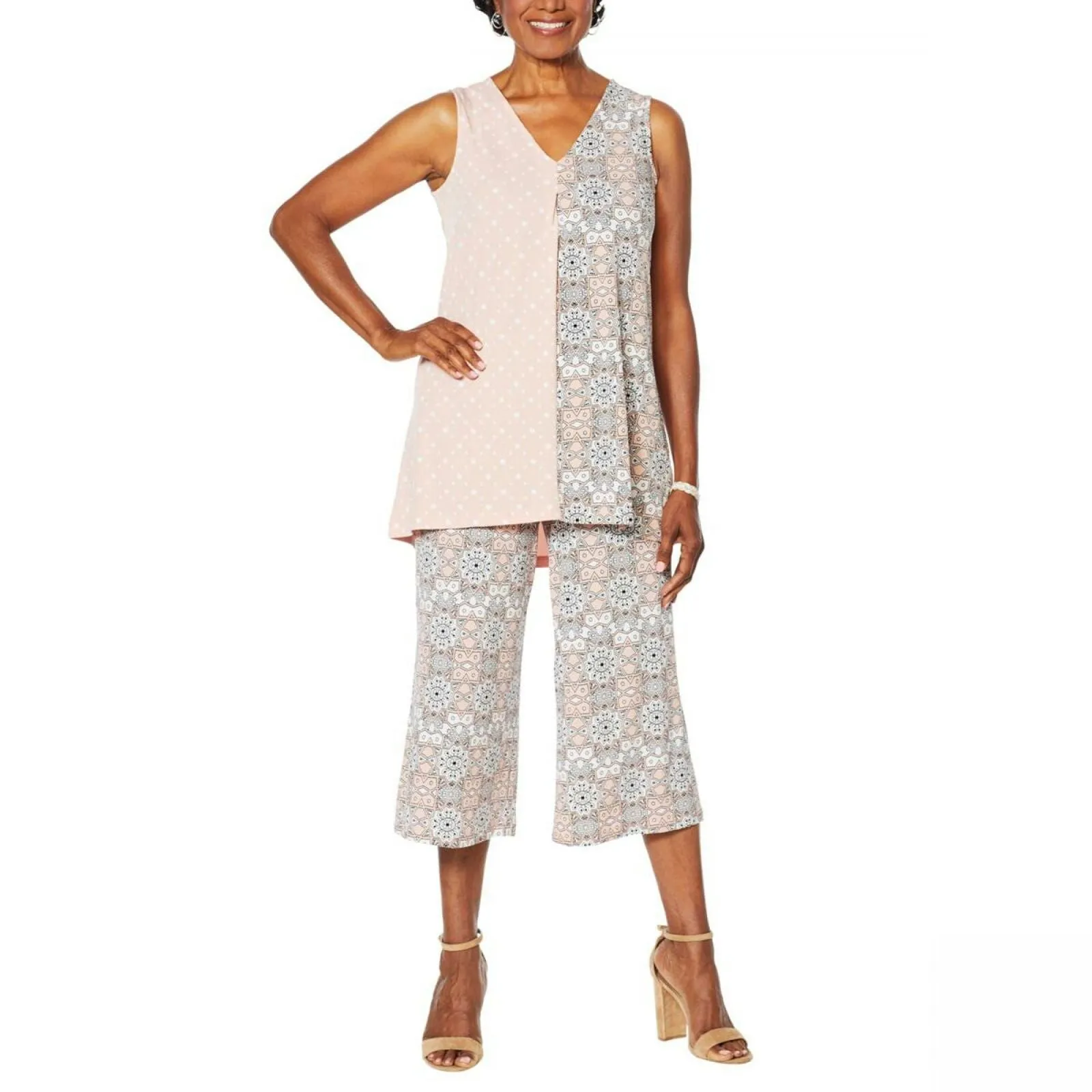 Nina Leonard Women's Plus Size Twin Print Sleeveless Tunic Blouse