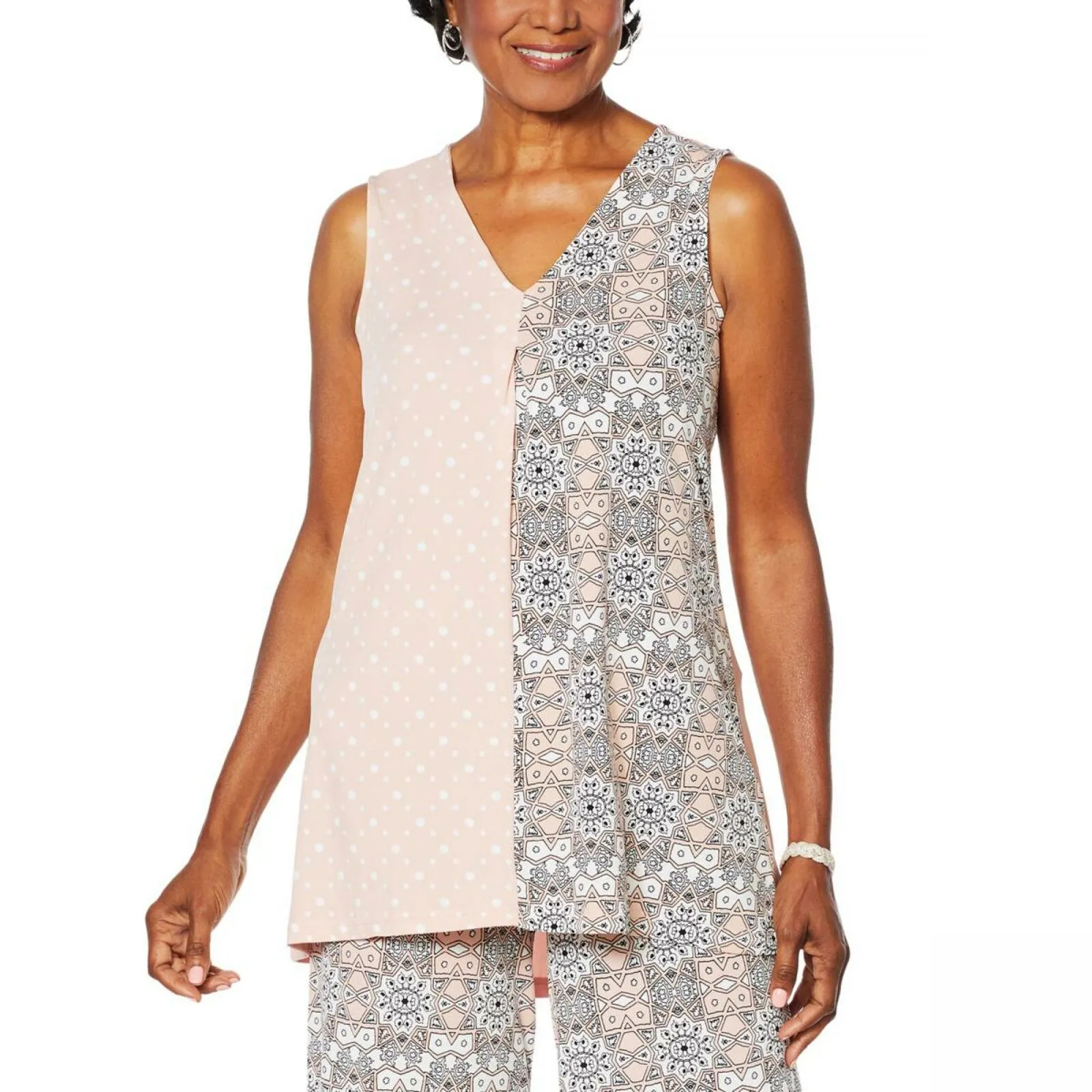 Nina Leonard Women's Plus Size Twin Print Sleeveless Tunic Blouse