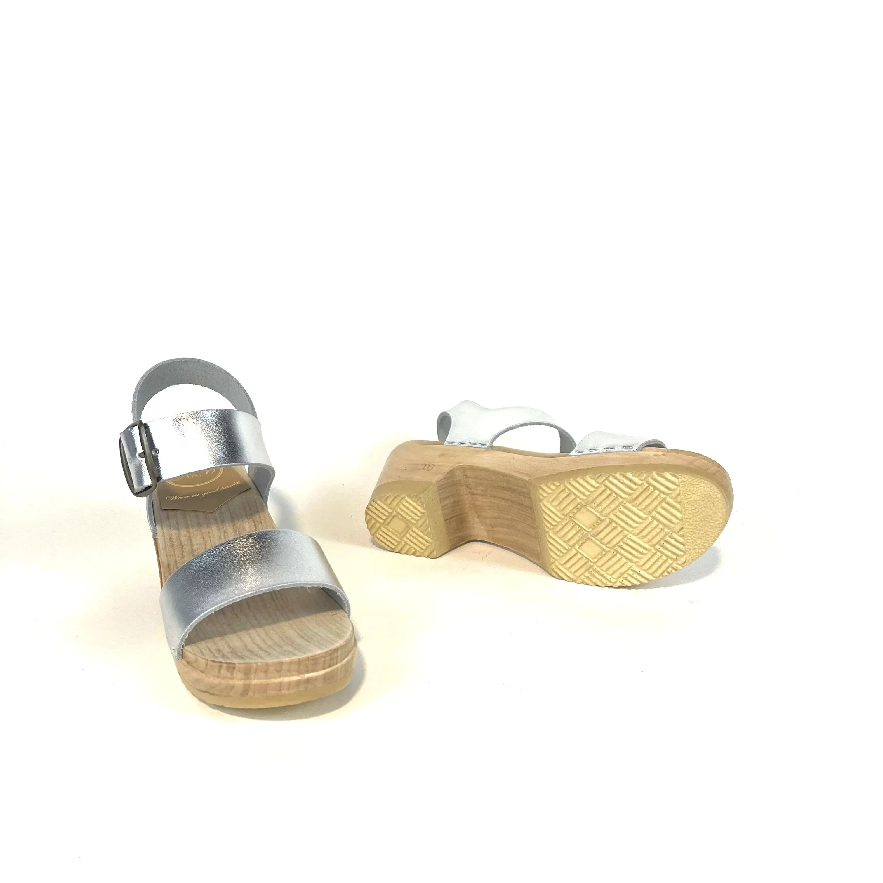 No. 6 - Two Strap Clog on Mid Heel (Silver)