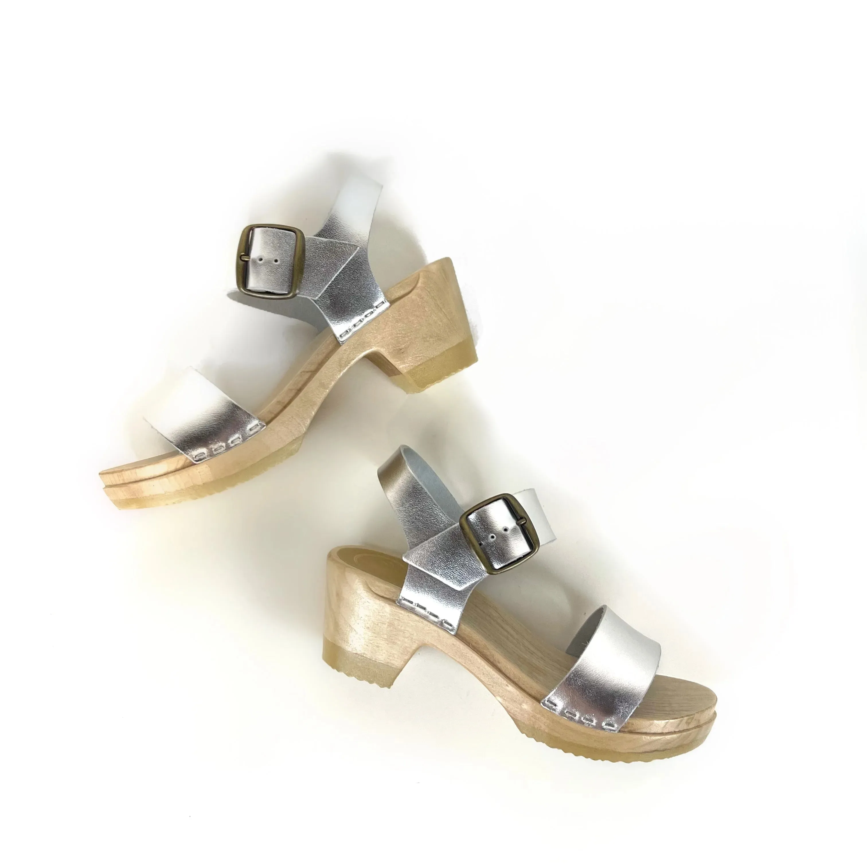 No. 6 - Two Strap Clog on Mid Heel (Silver)