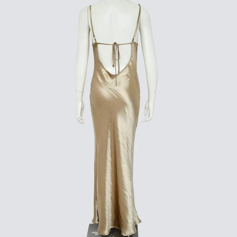 Party Strappy Silk Satin Backless Bodycon Midi Dresses