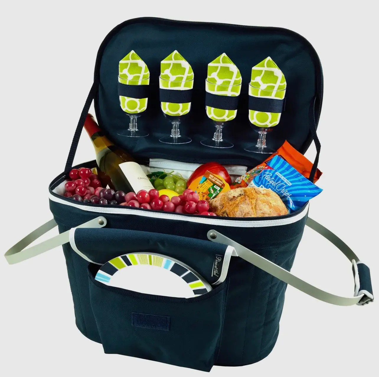 Picnic at Ascot Collapsible Insulated Picnic Basket Navy/Trellis Green