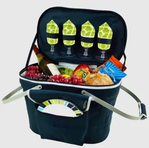 Picnic at Ascot Collapsible Insulated Picnic Basket Navy/Trellis Green