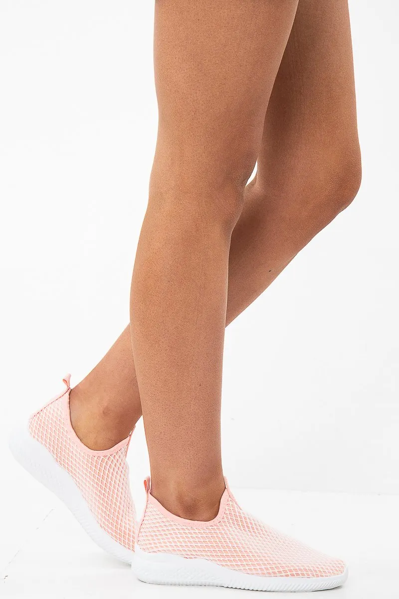 Pink Net Overlay Contrast Sole Slip On Trainers - Lissandra
