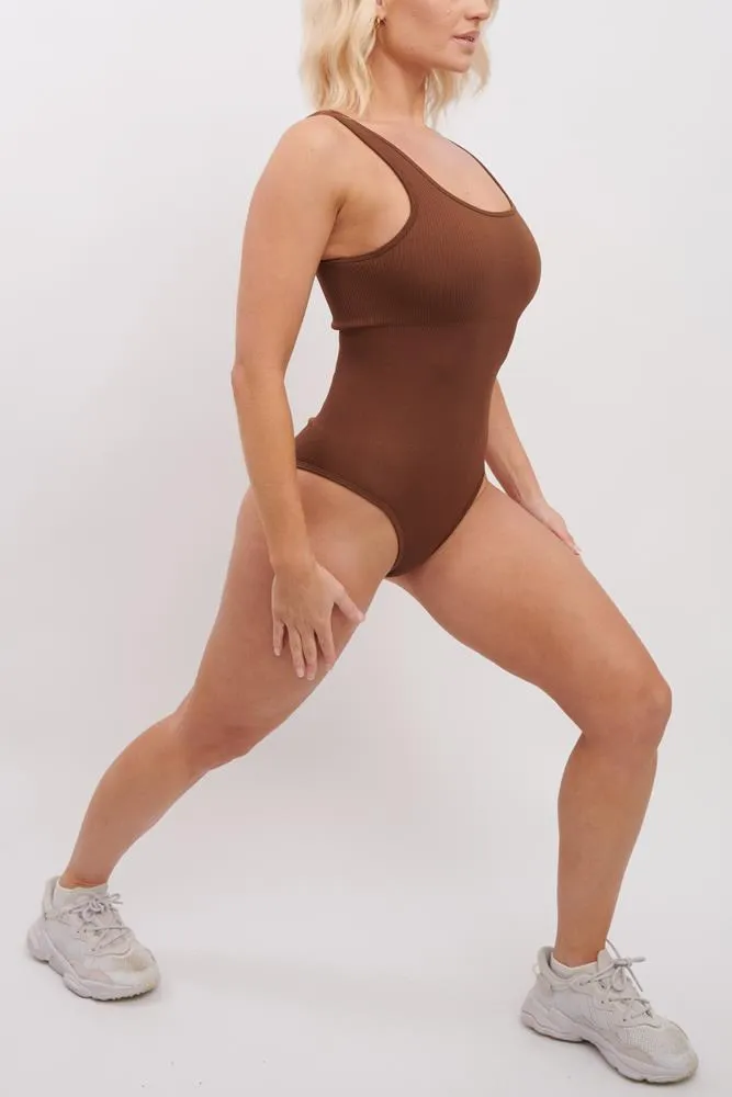 Plain Seamless Padded Ribbed Nylon Bodysuit