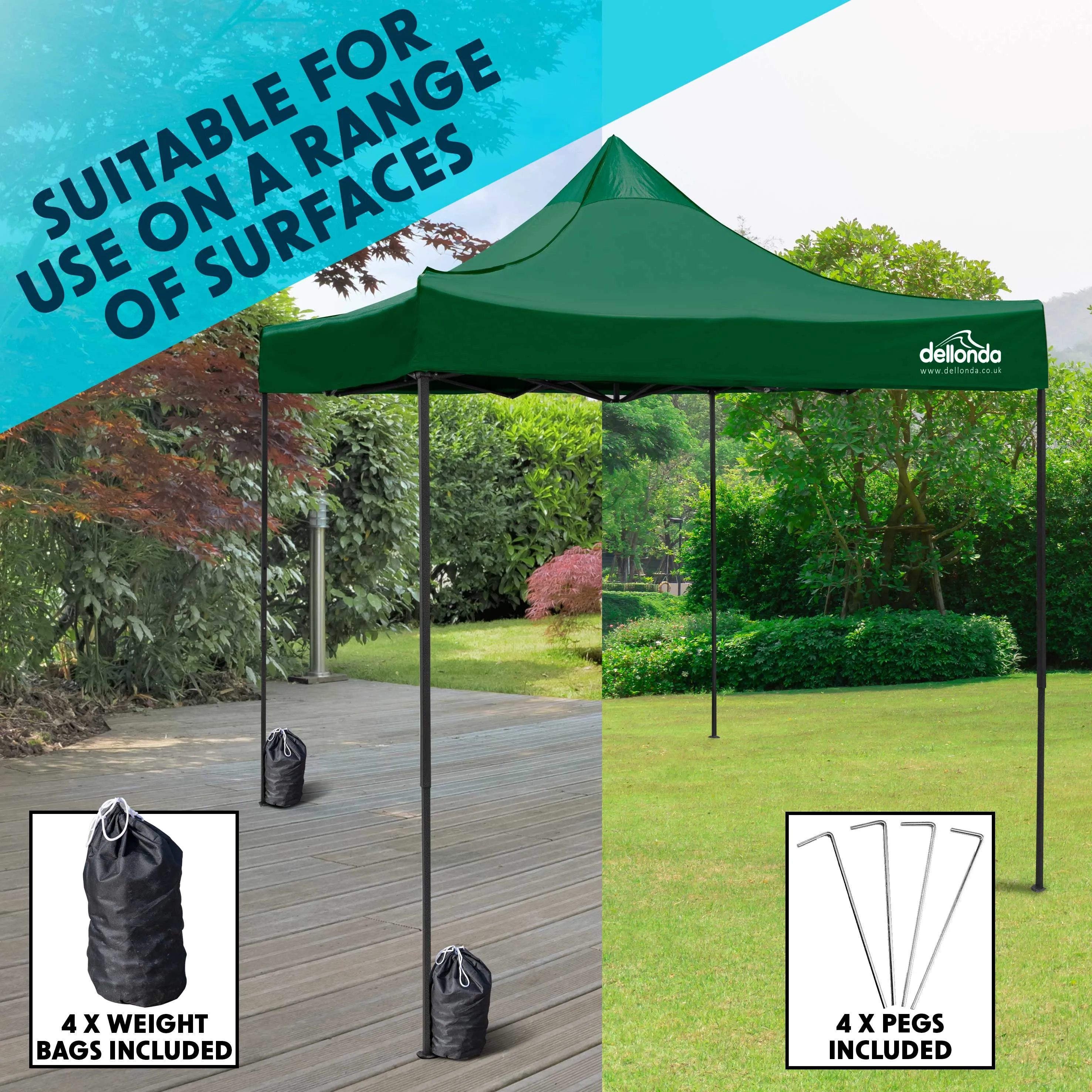 Premium 2x2m Pop-Up Gazebo, Water Resistant, Carry Bag, Stakes & Weight Bags - Dark Green - DG128