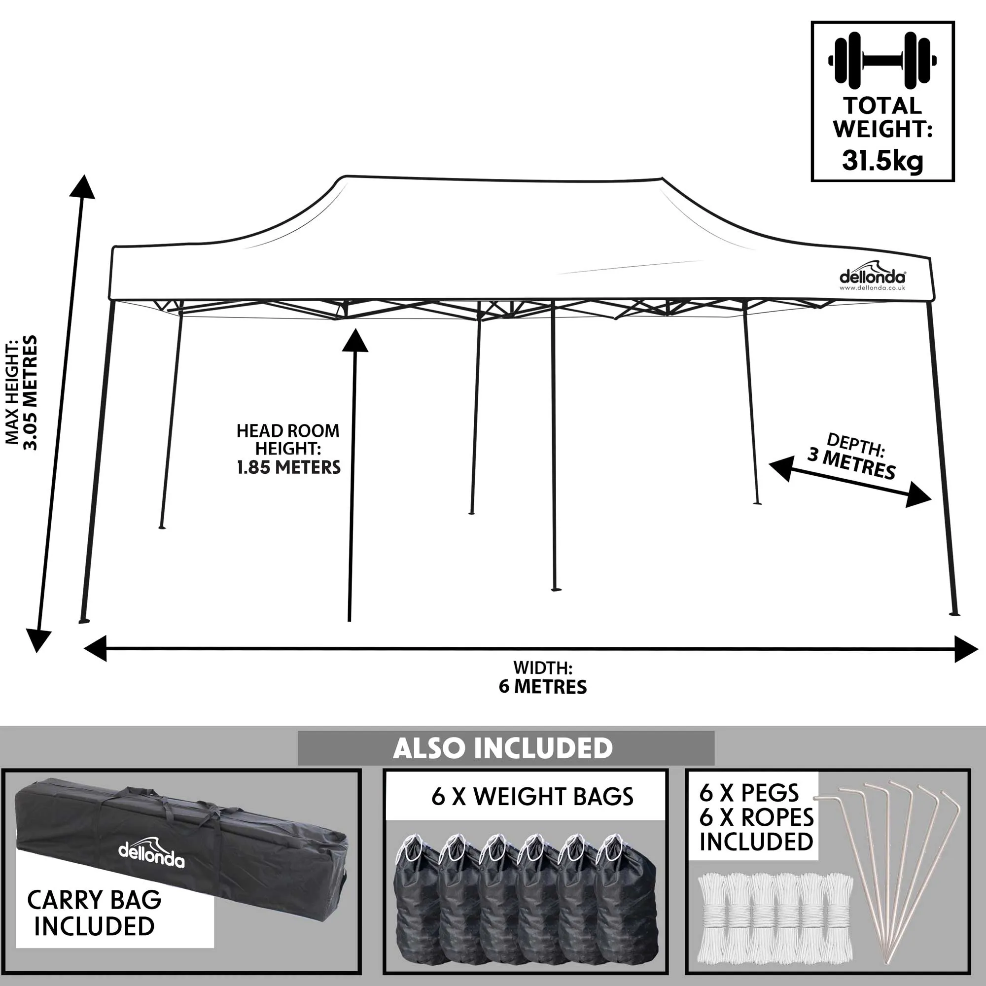 Premium 3x6m Pop-Up Gazebo, Water Resistant, Carry Bag, Stakes & Weight Bags - Blue - DG139