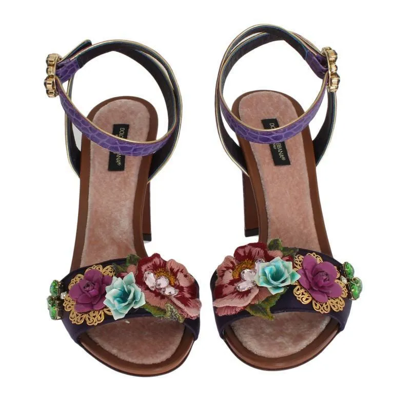 Purple Floral Crystal Leather Sandals