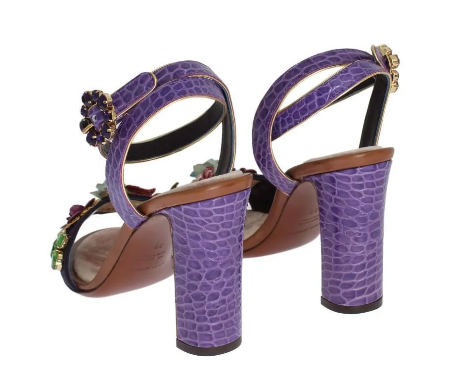 Purple Floral Crystal Leather Sandals