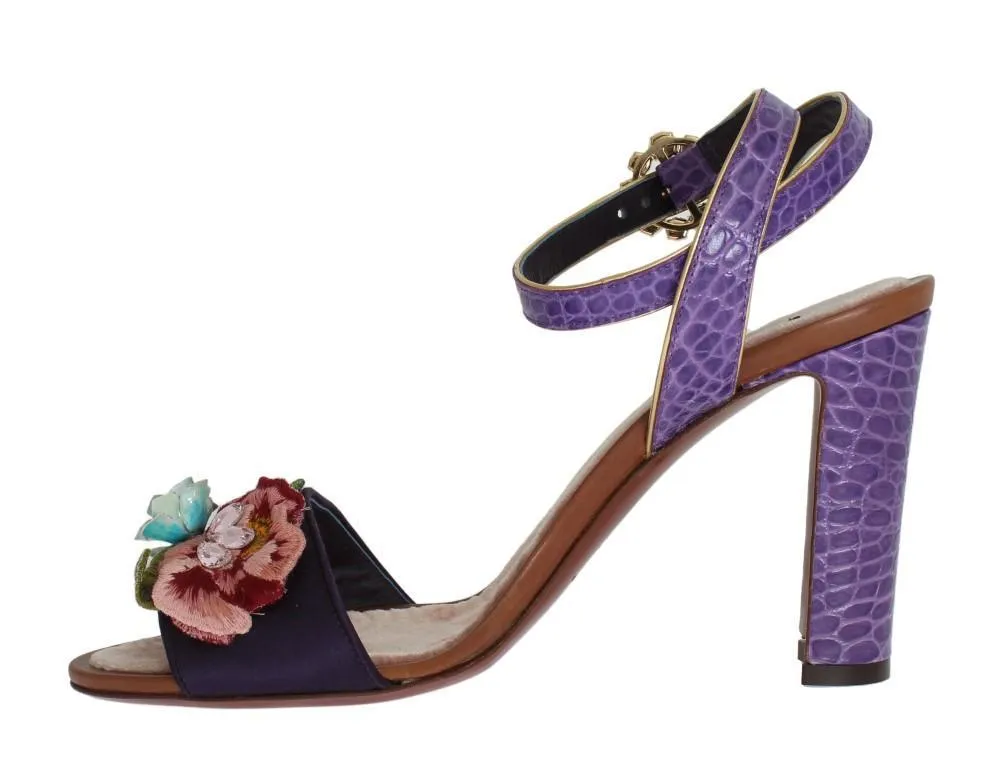 Purple Floral Crystal Leather Sandals