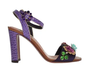 Purple Floral Crystal Leather Sandals
