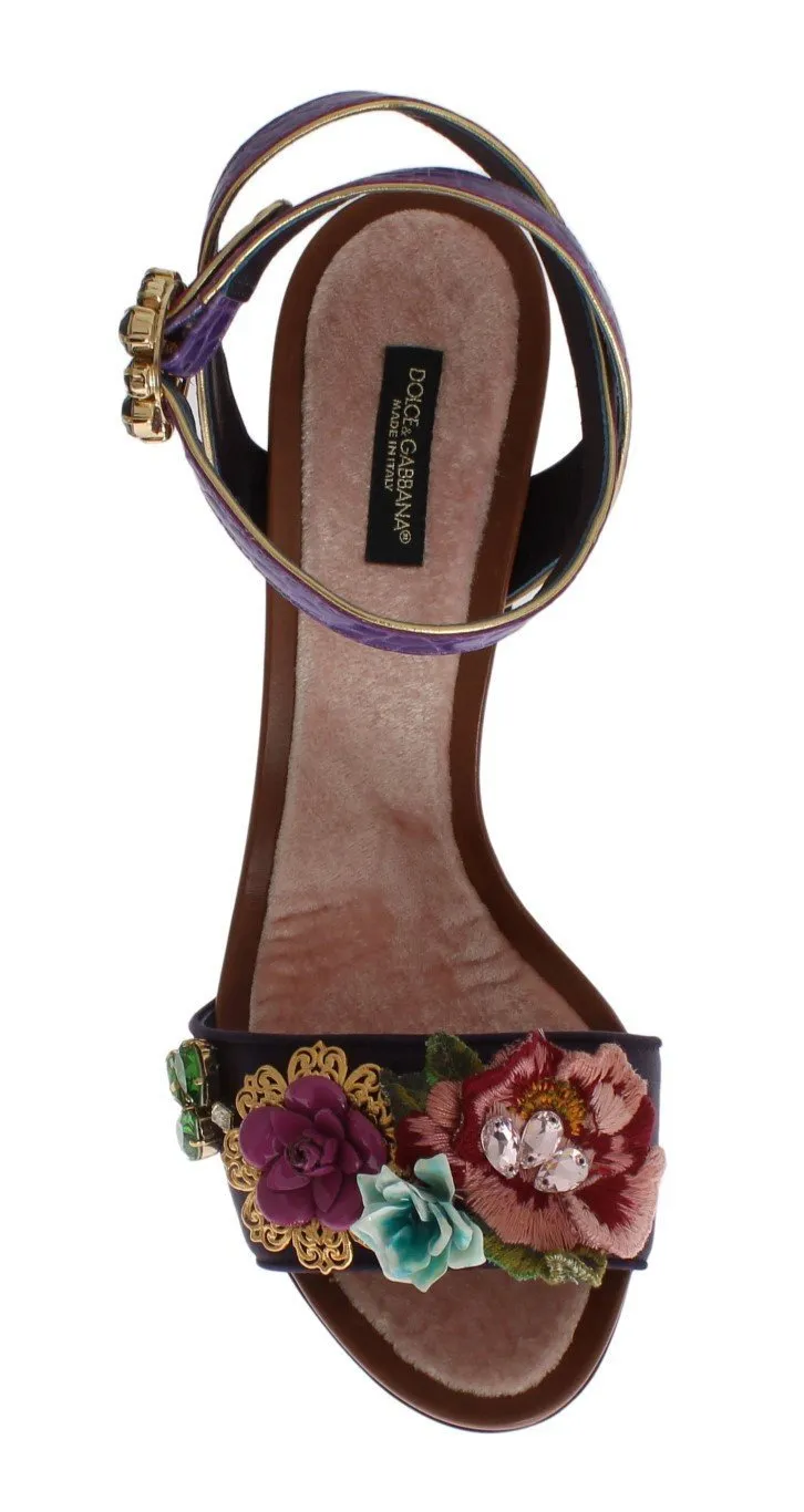 Purple Floral Crystal Leather Sandals