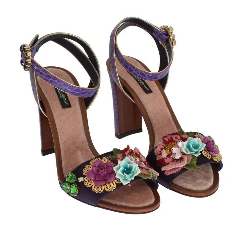 Purple Floral Crystal Leather Sandals
