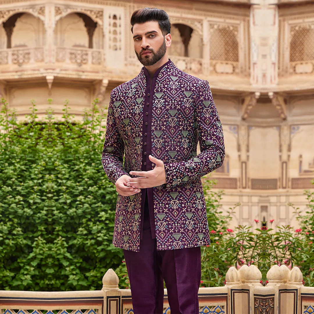 Purple Sequined Indowestern Set for Men