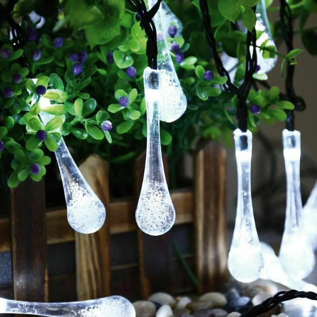 Raindrop Design Solar Powered White Led String Lights
