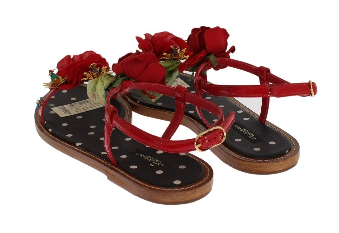 Red Leather Roses Crystal Sandals