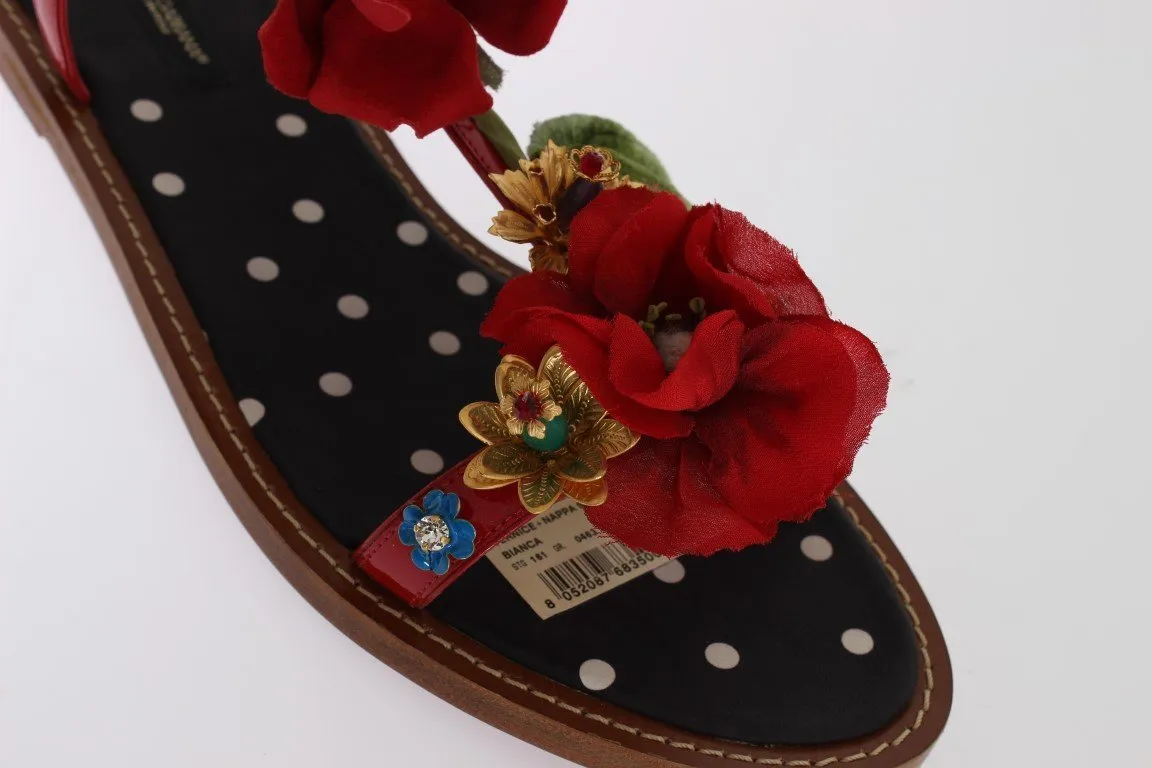 Red Leather Roses Crystal Sandals