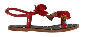 Red Leather Roses Crystal Sandals