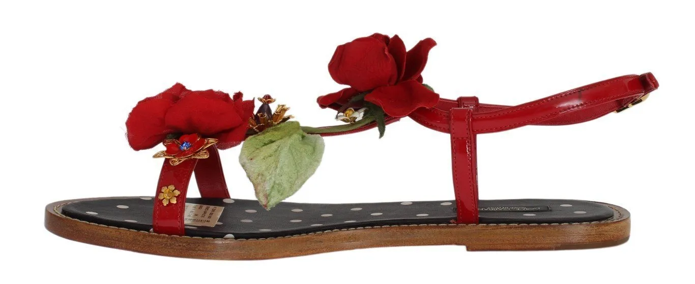 Red Leather Roses Crystal Sandals